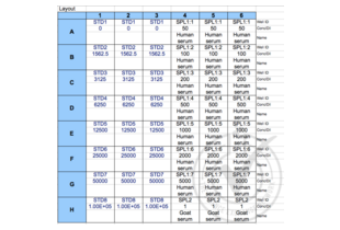 Figure 2: Plate layout. Standard concentrations are in pg/mL; serum dilution values indicate their fold change from the undiluted stock.