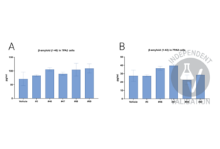 The graphs represent the change of A) β-amyloid (1-40) and B) β-amyloid (1-42) content change in 7PA2 cells after incubating cells with 50 µM of five different IDE activators for 72 hours.