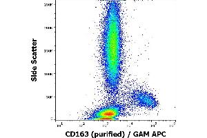 Flow cytometry surface staining pattern of human peripheral blood stained using anti-human CD163 (GHI/61) purified antibody (concentration in sample 2 μg/mL) GAM APC.