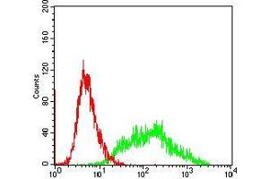 Flow cytometric analysis of SW620 cells using VIL1 mouse mAb (green) and negative control (red). (Villin 1 antibody  (AA 1-209))
