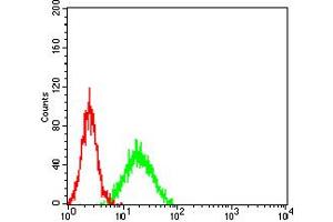 Flow cytometric analysis of NIH/3T3 cells using KDM4B mouse mAb (green) and negative control (red). (KDM4B antibody  (AA 960-1096))