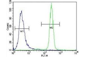 IL-6 antibody flow cytometric analysis of NCI-H460 cells (right histogram) compared to a negative control cell (left histogram). (IL-6 antibody  (AA 27-55))