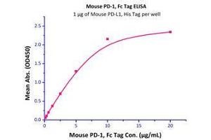 Immobilized Mouse PD-L1, His Tag (Cat# PD1-M5220) at 10 μg/mL (100 μl/well) can bind Mouse PD-1, Fc Tag (Cat# PD1-M5259) with a linear range of 0.