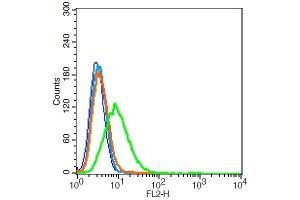 A549 cells probed with AQP5 Polyclonal Antibody, Unconjugated  at 1:20 for 30 minutes followed by incubation with a conjugated secondary -PE) (green) for 30 minutes compared to control cells (blue), secondary only (light blue) and isotype control (orange)