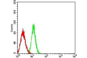 Flow cytometric analysis of HL-60 cells using CD11D mouse mAb (green) and negative control (red). (ITGAD antibody  (AA 18-172))