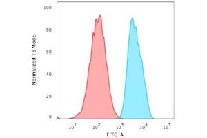 Flow Cytometric Analysis of MCF-7 cells using EpCAM Rabbit Recombinant Monoclonal Antibody (EGP40/2571R) followed by Goat anti-Mouse IgG-CF488 (Blue); Isotype Control (Red). (Recombinant EpCAM antibody  (Extracellular Domain))