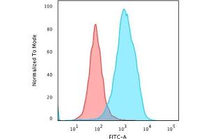 Flow Cytometric Analysis of paraformaldehyde-fixed HeLa cells using HSP60 Mouse Monoclonal Antibody (LK1) followed by goat anti-Mouse IgG-CF488 (Blue); Isotype Control (Red). (HSPD1 antibody)