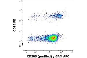 Flow cytometry multicolor surface staining of human lymphocytes stained using anti-human CD305 (NKTA255) purified antibody (concentration in sample 2 μg/mL, GAM APC) and anti-human CD19 (LT19) PE antibody (20 μL reagent / 100 μL of peripheral whole blood). (LAIR1 antibody)
