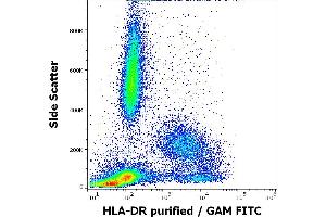 Flow cytometry surface staining pattern of human peripheral whole blood stained using anti-human HLA-DR (HL-39) purified antibody (concentration in sample 0. (HLA-DR antibody)
