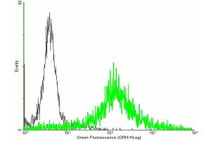 FACS analysis of negative control 293 cells (Black) and EVI2A expressing 293 cells (Green) using EVI2A purified MaxPab mouse polyclonal antibody. (EVI2A antibody  (AA 25-236))