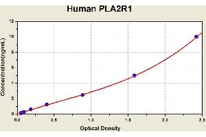 Diagramm of the ELISA kit to detect Human PLA2R1with the optical density on the x-axis and the concentration on the y-axis. (PLA2R1 ELISA Kit)