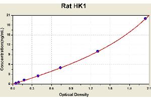 Diagramm of the ELISA kit to detect Rat HK1with the optical density on the x-axis and the concentration on the y-axis. (Hexokinase 1 ELISA Kit)