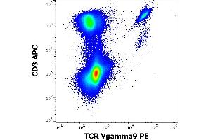 Flow cytometry multicolor surface staining of human lymphocytes stained using anti-human TCR Vgamma9 (B3) PE antibody (10 μL reagent / 100 μL of peripheral whole blood) and anti-human CD3 (UCHT1) APC antibody (5 μL reagent / 100 μL of peripheral whole blood). (TCR V gamma 9 antibody (PE))