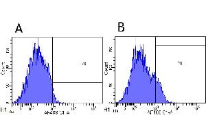 Flow-cytometry using anti-CD25 antibody Basiliximab   Cynomolgus monkey lymphocytes were stained with an isotype control (panel A) or the rabbit-chimeric version of Basiliximab ( panel B) at a concentration of 1 µg/ml for 30 mins at RT. (Recombinant IL2RA (Basiliximab Biosimilar) antibody)