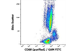 Flow cytometry intracellular staining pattern of human peripheral blood stained using anti-human CD68 (Y1/82A) purified antibody (concentration in sample 2 μg/mL) GAM FITC.