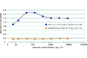 Binding curve of anti-COVID-19 & SARS-CoV S glycoprotein antibody CR3022 to SARS-CoV-2 Spike Glycoprotein domains S1 and S2 (His-Tag (Insect Cells)). (Recombinant SARS-CoV-2 Spike S1 antibody  (RBD))