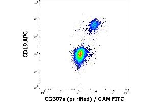 Flow cytometry multicolor surface staining of human lymphocytes stained using anti-human CD19 (LT19) APC antibody (10 μL reagent / 100 μL of peripheral whole blood) and anti-human CD307a (E3) purified antibody (5 μg/mL, GAM-FITC). (FCRL1 antibody)