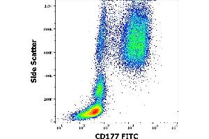 Flow cytometry surface staining pattern of human peripheral whole blood stained using anti-human CD177 (MEM-166) FITC antibody (20 μL reagent / 100 μL of peripheral whole blood). (CD177 antibody  (FITC))