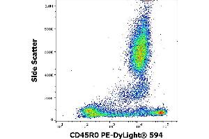 Flow cytometry surface staining pattern of human peripheral whole blood stained using anti-human CD45R0 (UCHL1) PE-DyLight® 594 antibody (4 μL reagent / 100 μL of peripheral whole blood). (CCL20 antibody  (PE-DyLight 594))