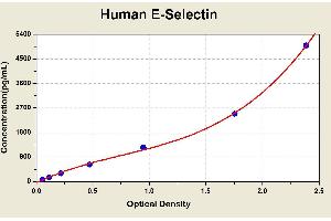 Diagramm of the ELISA kit to detect Human E-Select1 nwith the optical density on the x-axis and the concentration on the y-axis. (Selectin E/CD62e ELISA Kit)