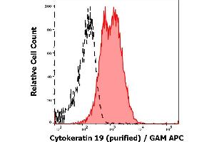 Separation of MCF-7 cells (red-filled) from human leukocytes (black-dashed) in flow cytometry analysis (intracellular staining) of peripheral whole blood spiked with MCF-7 cells stained using anti-Cytokeratin 19 (BA-17) purified antibody (concentration in sample 3 μg/mL, GAM APC). (Cytokeratin 19 antibody)
