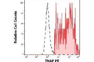 Separation of TNAP positive HeLa cells (red-filled) from TNAP negative HeLa cells (black-dashed) in flow cytometry analysis (surface staining) of HeLa cellular suspension stained using anti-TNAP (W8B2B10) PE antibody (concentration in sample 1. (TRAFs and NIK-Associated Protein (TNAP) antibody (PE))