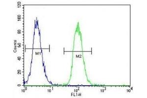 MITF antibody flow cytometric analysis of K562 cells (right histogram) compared to a negative control (left histogram)