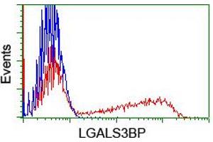 HEK293T cells transfected with either RC204918 overexpress plasmid (Red) or empty vector control plasmid (Blue) were immunostained by anti-LGALS3BP antibody (ABIN2454977), and then analyzed by flow cytometry. (LGALS3BP antibody  (AA 19-300))