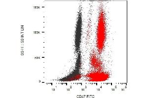 Surface staining of human peripheral blood with anti-CD47 (MEM-122) FITC. (CD47 antibody  (FITC))