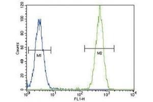 TERT antibody flow cytometric analysis of HeLa cells (green) compared to a negative control (blue). (TERT antibody  (AA 627-656))