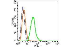 Raji probed with CD30 Polyclonal Antibody, FITC Conjugated (bs-2495R-FITC) at 1:100 for 30 minutes compared to control cells (blue) and isotype control (orange).