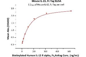 Immobilized Mouse IL-15, Fc Tag (ABIN6810037,ABIN6938879) at 2 μg/mL (100 μL/well) can bind Biotinylated Human IL-15 R alpha, Fc,Avitag (ABIN6731258,ABIN6809875) with a linear range of 10-156 ng/mL (QC tested).