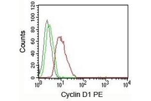 FACS testing of MCF-7 cells: Black=cells alone; Green=isotype control; Red=Cyclin D1 antibody PE conjugate (V2006PE) (Cyclin D1 antibody)