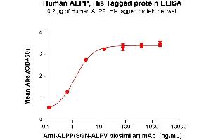 ELISA plate pre-coated by 2 μg/mL (100 μL/well) Human ALPP Protein, His Tag (ABIN7455759, ABIN7491368 and ABIN7491369) can bind Anti-ALPP(SGN-ALPV biosimilar) mAb in a linear range of 0.