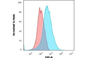 Flow Cytometric Analysis of Jurkat cells using CD31 Mouse Monoclonal Antibody (PECAM1/3540) followed by goat anti-Mouse IgG-CF488 (Blue); Isotype Control (Red). (CD31 antibody  (AA 625-738))