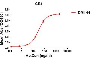 ELISA plate pre-coated by 1 μg/mL (100 μL/well) Human CB1 protein, hFc tagged protein ((ABIN6964092, ABIN7042439 and ABIN7042440)) can bind Rabbit anti-CB1 monoclonal antibody(clone: DM144) in a linear range of 5-200 ng/mL. (CNR1 antibody  (AA 1-116))