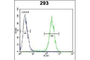 Flow cytometric analysis of 293 cells (right histogram) compared to a negative control cell (left histogram). (Ensa antibody  (AA 39-66))