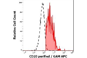 Separation of human CD20 positive lymphocytes (red-filled) from neutrophil granulocytes (black-dashed) in flow cytometry analysis (surface staining) of human peripheral whole blood stained using anti-human CD20 (MEM-97) purified antibody (concentration in sample 1.