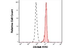 Separation of human CD268 positive lymphocytes (red-filled) from CD268 negative lymphocytes (black-dashed) in flow cytometry analysis (surface staining) stained using anti-human CD268 (11c1) FITC antibody (10 μL reagent / 100 μL of peripheral whole blood). (TNFRSF13C antibody  (FITC))