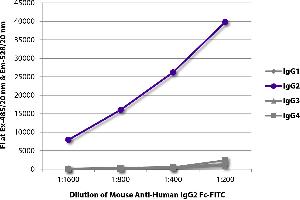 FLISA plate was coated with purified human IgG1, IgG2, IgG3, and IgG4. (Mouse anti-Human IgG2 (Fc Region) Antibody (FITC))