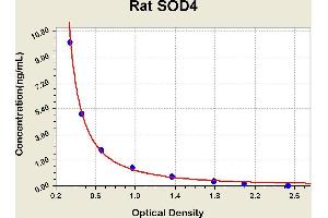 Diagramm of the ELISA kit to detect Rat SOD4with the optical density on the x-axis and the concentration on the y-axis.