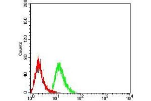 Flow cytometric analysis of Hela cells using MOB1A mouse mAb (green) and negative control (red). (MOB1A antibody  (AA 1-216))