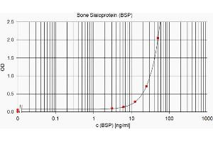 ELISA standard curve showing measurement of human BSP in a sandwich immunoassay using ABIN109798 as capture antibody and ABIN109798 as detection antibody. (BSP antibody)