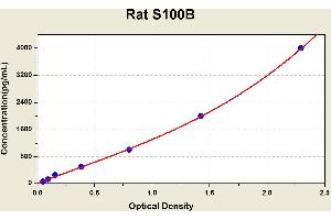 Diagramm of the ELISA kit to detect Rat S100Bwith the optical density on the x-axis and the concentration on the y-axis.