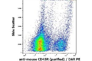 Flow cytometry surface staining pattern of murine splenocyte suspension stained using anti-mouse CD45R (RA3-6B2) purified antibody (concentration in sample 1 μg/mL, DAR PE).