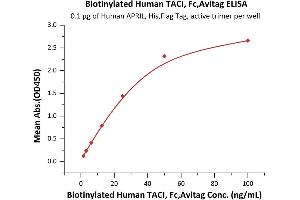 Immobilized Human APRIL, His,Flag Tag, active trimer (ABIN6972945) at 1 μg/mL (100 μL/well) can bind Biotinylated Human TACI, Fc,Avitag (ABIN5954907,ABIN6253586) with a linear range of 2-25 ng/mL (Routinely tested). (TACI Protein (AA 2-166) (Fc Tag,AVI tag,Biotin))