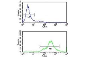 HuR antibody flow cytometry analysis of Jurkat cells (bottom histogram) compared to a negative control (top histogram). (ELAVL1 antibody)