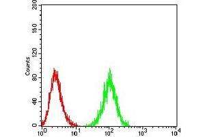 Flow cytometric analysis of HL-60 cells using CD217 mouse mAb (green) and negative control (red). (IL17RA antibody  (AA 33-320))
