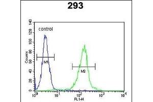 STE Antibody (Center) (ABIN651772 and ABIN2840394) flow cytometric analysis of 293 cells (right histogram) compared to a negative control cell (left histogram). (STEAP2 antibody  (AA 229-258))