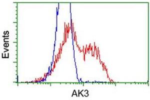 HEK293T cells transfected with either RC204408 overexpress plasmid (Red) or empty vector control plasmid (Blue) were immunostained by anti-AK3 antibody (ABIN2452716), and then analyzed by flow cytometry.